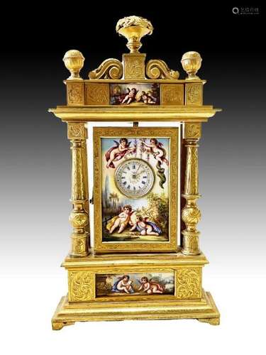 Large Heavy Gilded Bronze Viennese Enamel Clock 19th Century