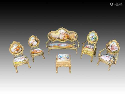 Viennese Enamel & Bronze Gilt Furniture Set, Sofa, Chair...