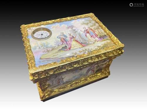 Viennese Enamel & Gilt Bronze Box With Clock, 19th Centu...