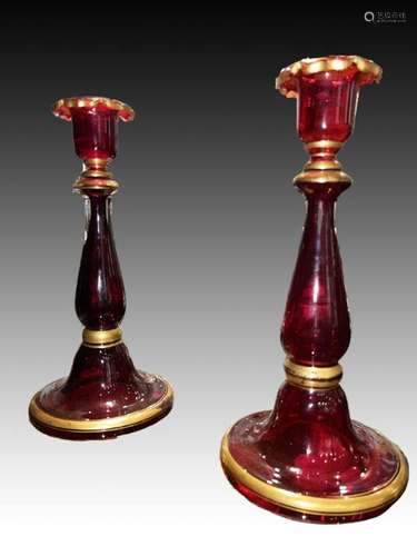 Fine Pair Of Cranberry Bohemian Candlesticks With Gilded Rim...