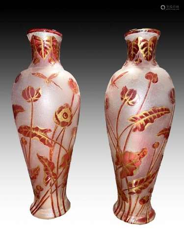 Monumental Pair Of Cranberry Opaline Frosted Glass Vases, 19...