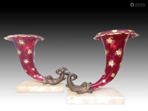 Pair Of Bohemian Cornucopia Vases Mounted On Bronze Fish &am...