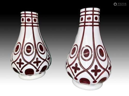 Pair Of Bohemian Double Layered Cranberry Vases, 19th/20th C...