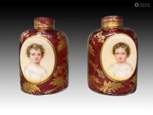 Fine Pair Of Hand Painted Cranberry Bohemian Scent Bottles 1...