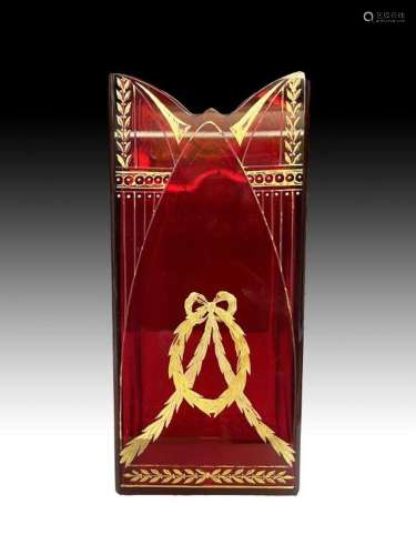 Russian Bohemian Cranberry & Ribbon Gilded Vase, 19th Ce...