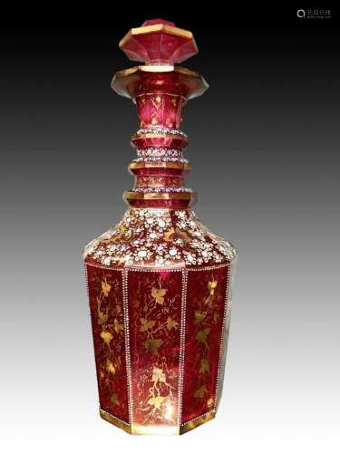Bohemian Cranberry Decanter With Gold Gilt & Enamel Work...