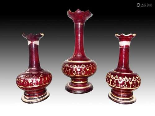 Set Of Cranberry Bohemian Vases With Gold Gilding, 19th Cent...