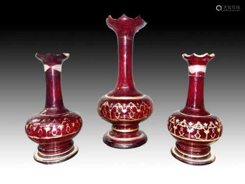 Set Of Cranberry Bohemian Vases With Gold Gilding, 19th Cent...