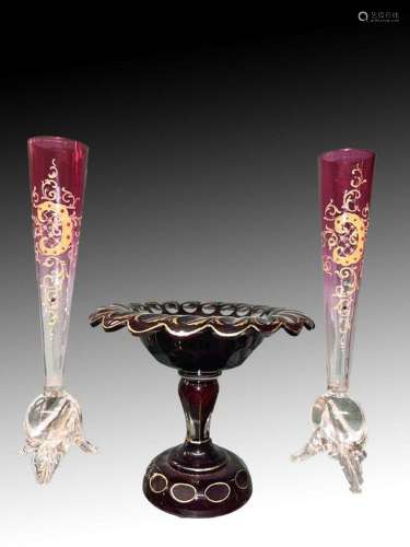Bohemian Cranberry Tazze & Pair Of Vases With Gold Gilt,...