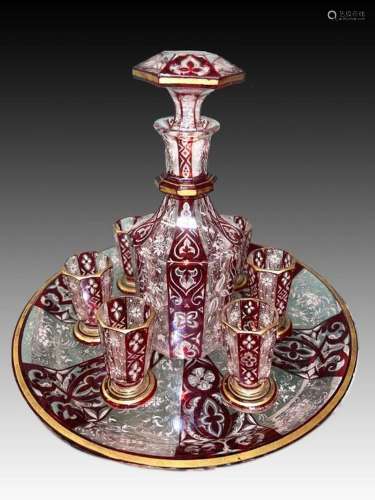 Bohemian Cranberry Decanter Set of 6 With Gold Gilt, 19th Ce...