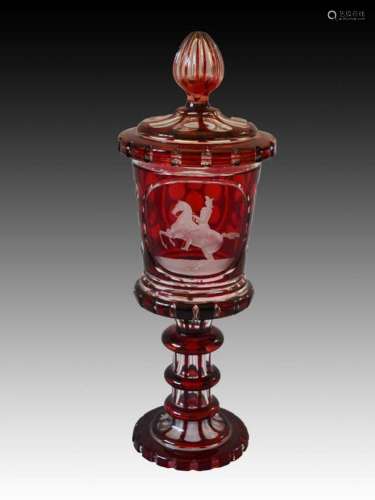 Fine Bohemian Ruby Cased Engraved Goblet & Cover, Horse ...