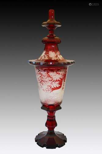 Impressive Large Bohemian Ruby Crystal Goblet & Cover De...