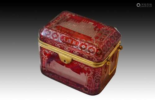 Bohemian Cranberry Engraved Bronze Box, 19th Century