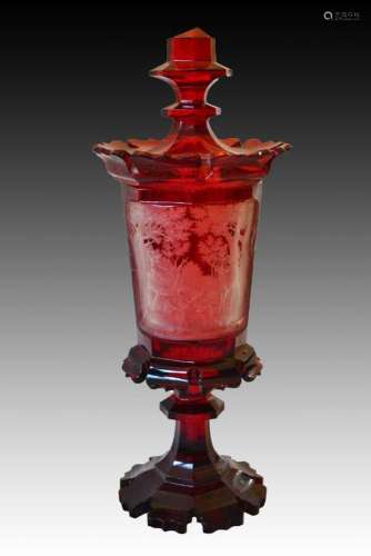 Fine Bohemian Cranberry Deeply Carved Goblet & Cover Dep...