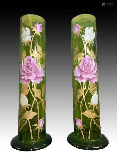 Pair Of Green Bohemian Tall Vases, Decorated With Roses &...