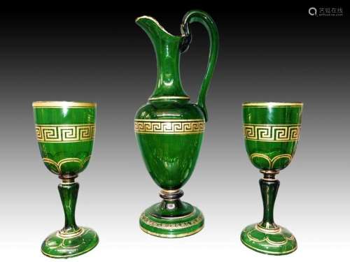 Bohemian Emerald Green Decanter & Cups With Gold Gilding...