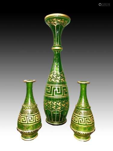 Bohemian Emerald Green Vase Set With Gilding 19th Century