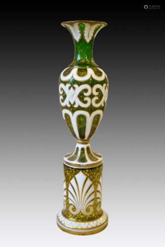 Fine Bohemian Green Overlay Vase On Stand, 19th Century