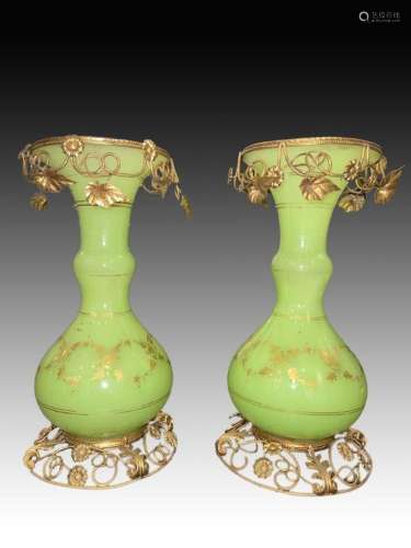 Unusual Pair Of Bohemian & Gilt Bronze Vases With Floral...