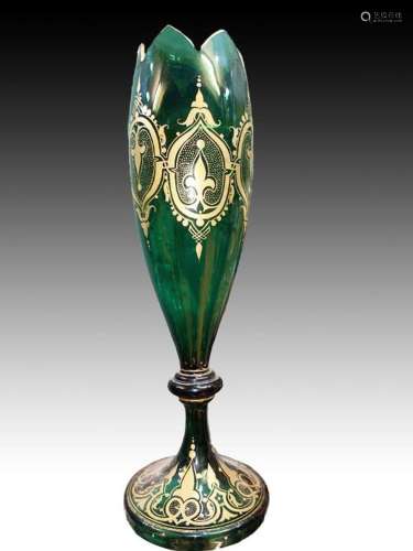 Bohemian Green Glass Vase With Gold Gilding, 19th Century