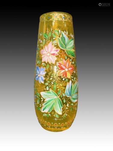 Green Bohemian Floral Decorated Vase With Enamel Work, 19th/...