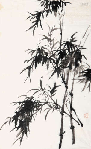 唐云（1910-1993）  墨竹 水墨皮纸 镜片