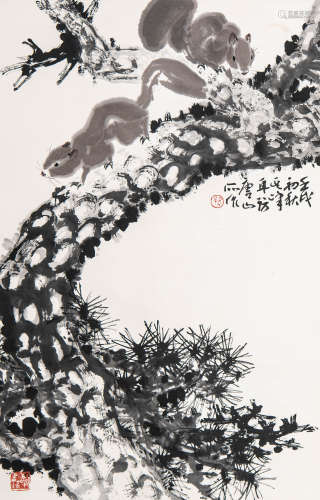 孙其峰（b.1920） 1982年 作 松鼠野趣 设色纸本 立轴