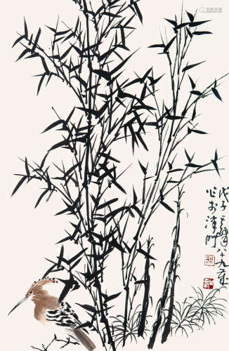 孙其峰（b.1920） 2008年 作 竹荫小鸟 设色纸本 镜心