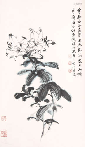 田世光（1916-1999）  折枝百合 设色纸本 立轴