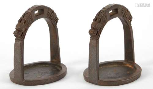 Pr Chinese Inlaid Bronze Stirrups
