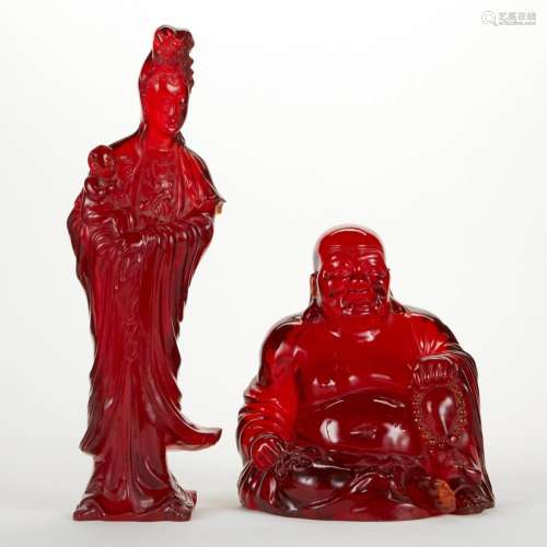 Pr. Faux Amber Composite Guanyin & Buddha Figure - Damag...