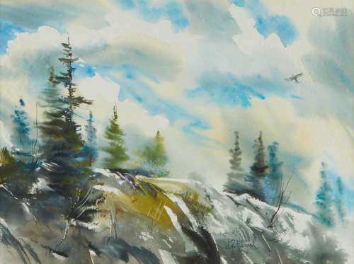 J.R. Hamil "Pine Ridge with Hawk" Watercolor Paint...
