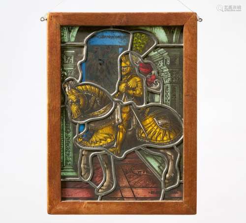 Stained glass panel with equestrian Portrait of Emperor Maxi...