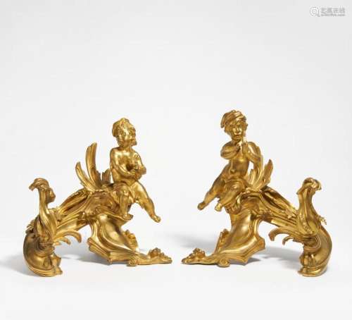Pair of large andirons with putti with instruments Style Lou...