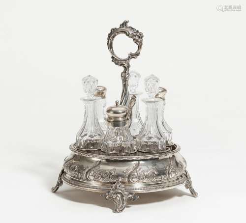 Large silver and crystal glass cruet set style Rococo