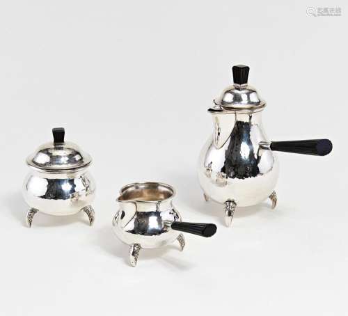 Three-piece silver Art Deco service with wooden handles