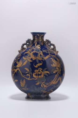 Qianlong Period Blue Glaze Porcelain Gold Painted Bottle, Ch...