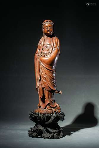 Qing Dynasty Boxwood Wooden Carving Guanyin, China