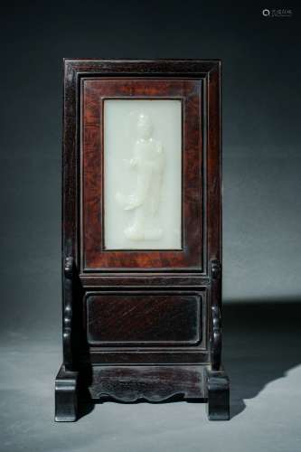 Qing Dynasty Rosewood Study Room Screen With Jade Guanyin, C...