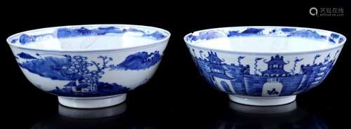 2 PORCELAIN BOWLS WITH BLUE AND WHITE DECOR OF A LANDSCAPE