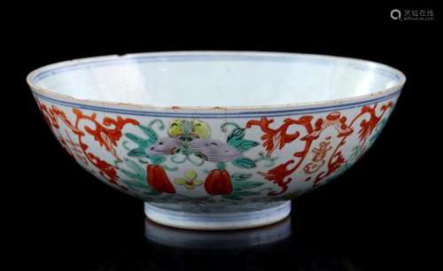 PORCELAIN BOWL WITH POLYCHROME FLORAL DECORATION, BUTTERFLIE...