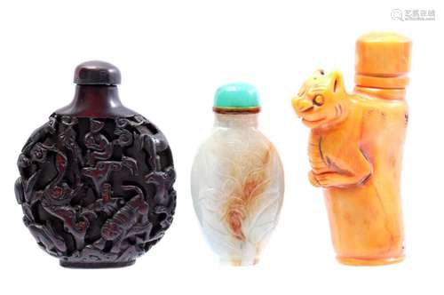 3 SNUFF BOTTLES B.U. CARVED WITH ZODIAC ANIMALS