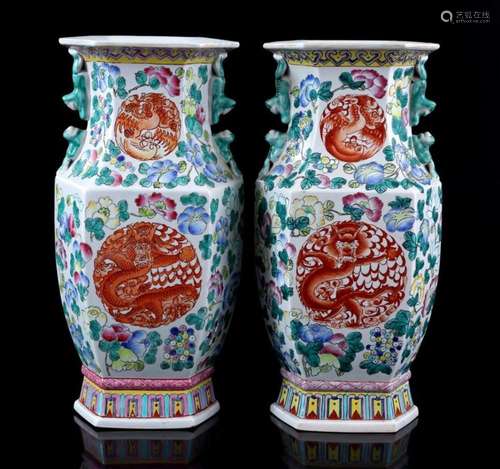 2 HEXAGONAL PORCELAIN VASES WITH POLYCHROME DECORATION