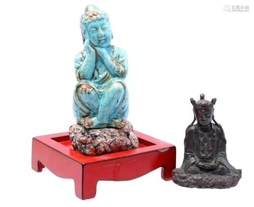 EARTHENWARE TURQUOISE GLAZED BUDDHA ON NATURAL STONE BASE