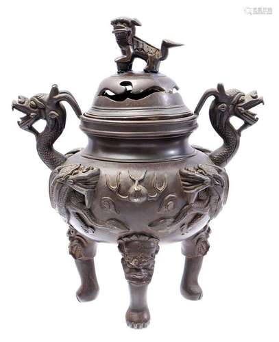 BRONZE INCENSE BURNER WITH DRAGON DEPICTION AND LION