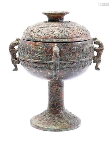 BRONZE WINE MORTAR WITH RICHLY CARVED DECORATION AND 4 HANDL...