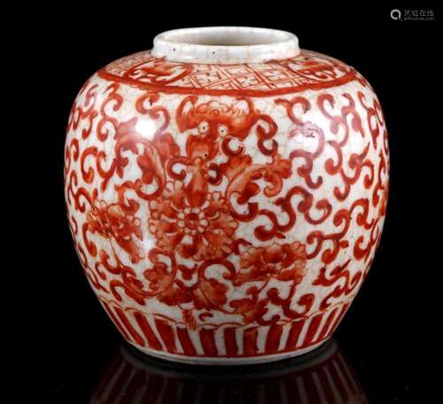 PORCELAIN GINGER JAR WITH RED DECOR OF FLOWERS