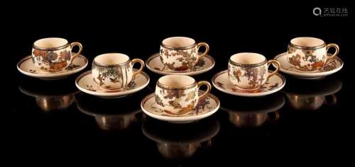 SATSUMA 6 CUPS AND SAUCERS WITH FLORAL DECOR, JAPAN CA. 1900