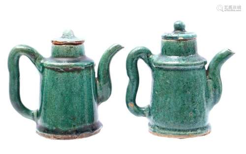 2 SHIWAN GREEN-GLAZED EARTHENWARE TEAPOTS