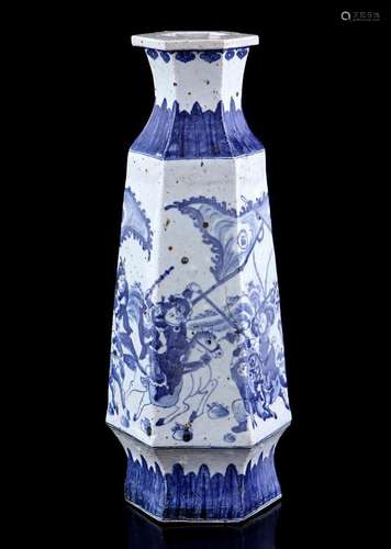 HEXAGONAL PORCELAIN VASE WITH BLUE DEPICTION OF WARRIORS